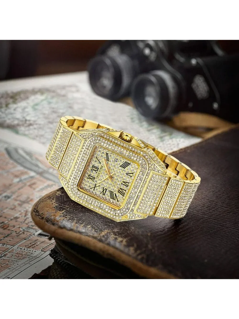 Stylish Hip Hop Men's Bling Crystal Watch - Rectangle Case, Stainless Steel